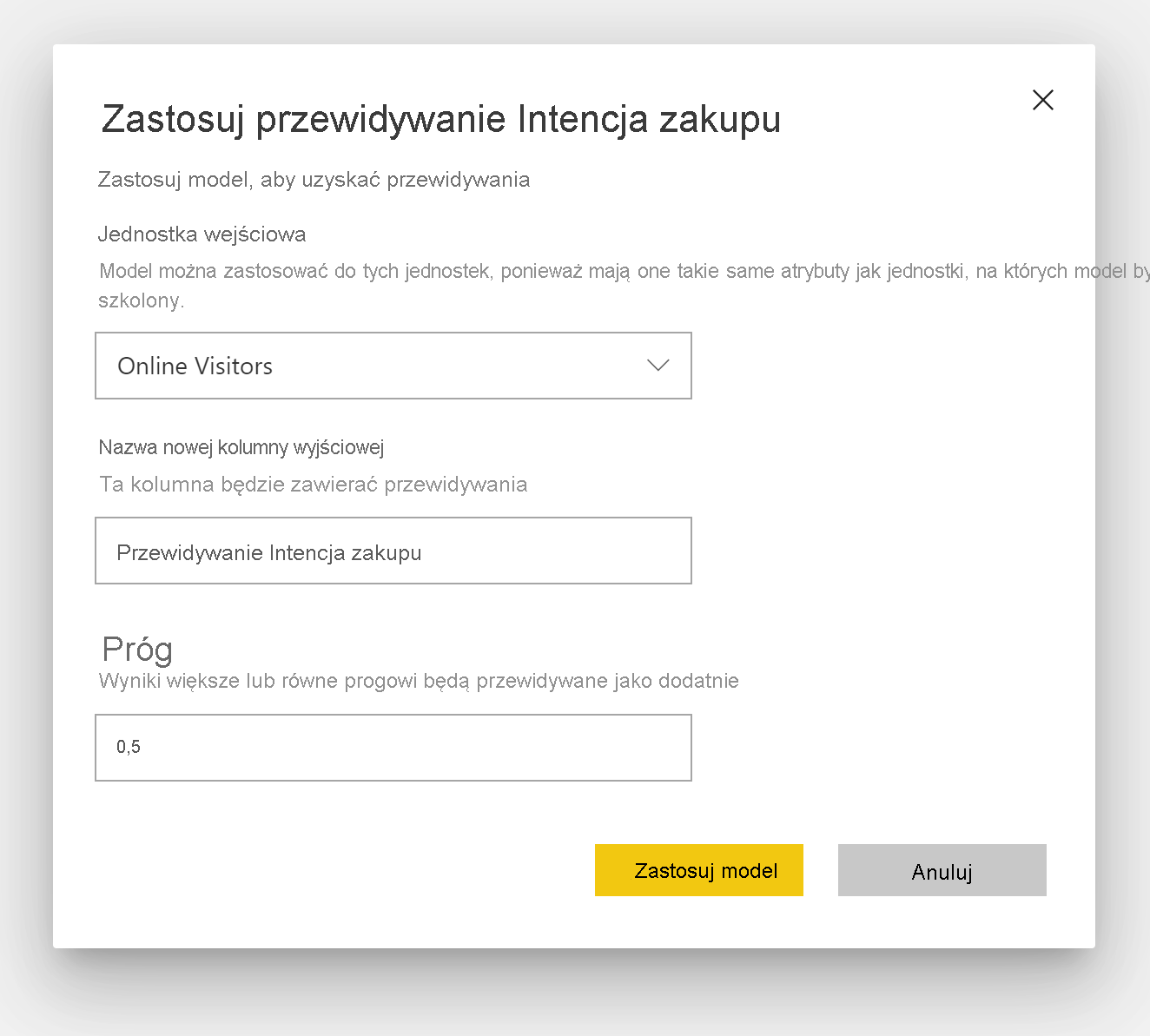 Zrzut ekranu przedstawiający okno dialogowe Zastosuj przewidywanie intencji zakupu.