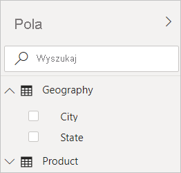 Screenshot of Power BI Desktop showing the Geography filter in the Fields view.