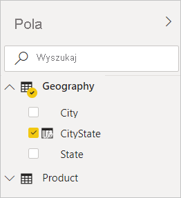 Screenshot of Power BI Desktop showing CityState checked in the Geography filter in the Fields view.