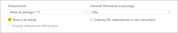 Screenshot of the lower portion of the Create relationship dialog box showing Cardinality and Cross filter direction options.