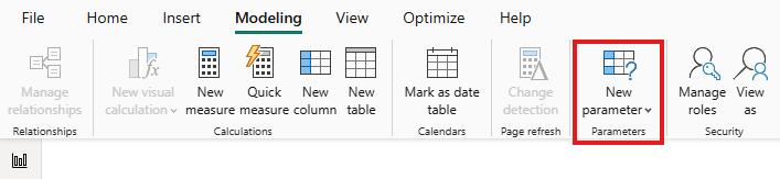 Zrzut ekranu przedstawiający wstążkę programu Power BI Desktop. Na karcie Modelowanie wyróżniono przycisk Nowy parametr.