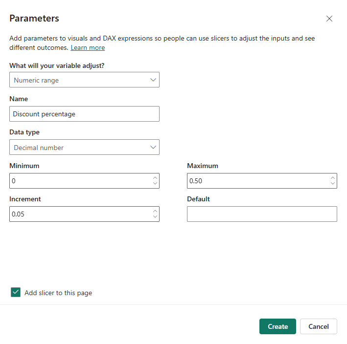 Zrzut ekranu przedstawiający okno dialogowe Parametry w programie Power BI Desktop. Pola Nazwa, Typ danych, Minimum, Przyrost i Maksimum zawierają dane.