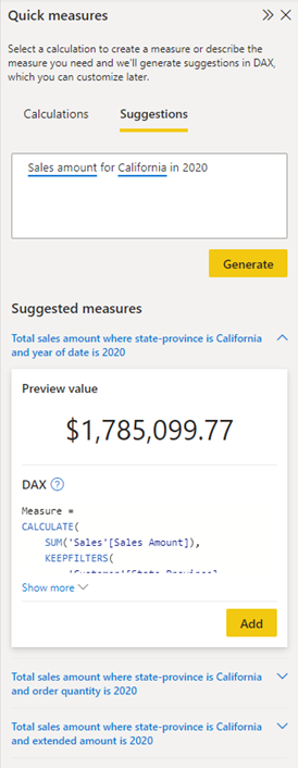 Screenshot of an example of a DAX measure suggestion.