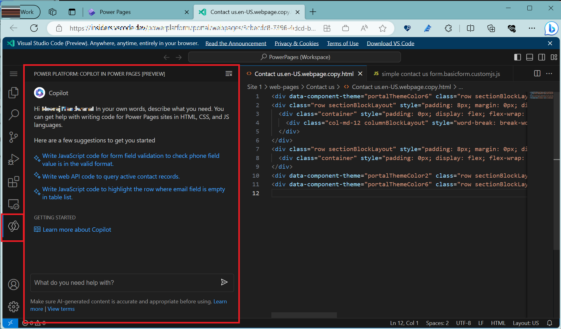 Zrzut ekranu przedstawiający narzędzie Visual Studio Code do sieci Web.