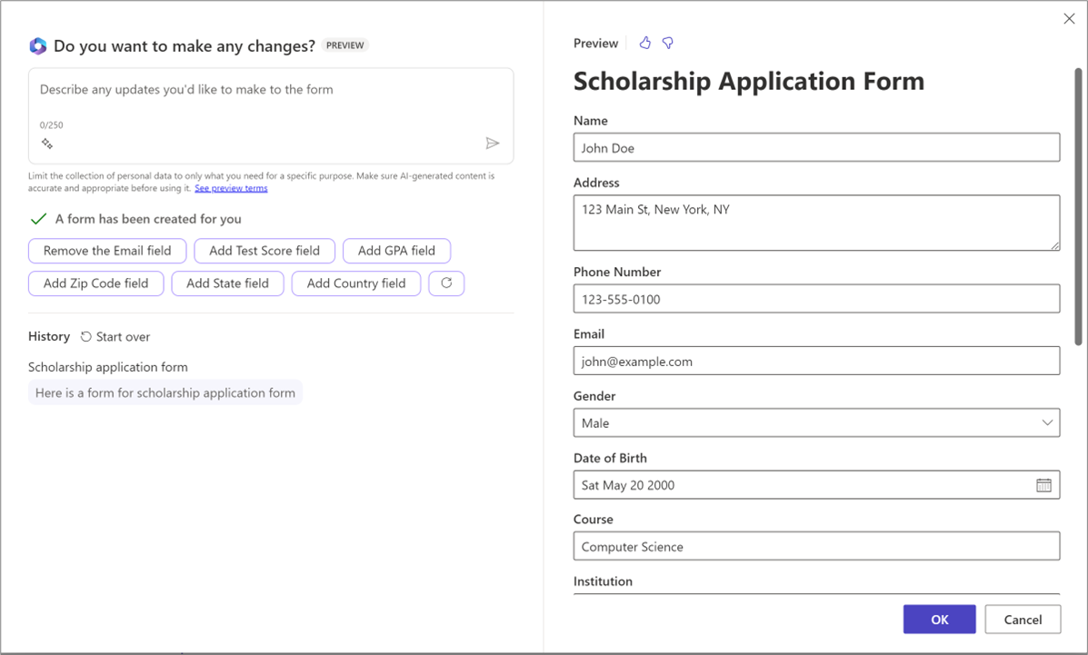 Zrzut ekranu podglądu wstępnie utworzonego formularza wniosku o stypendium.