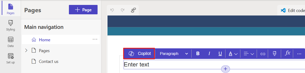 Zrzut ekranu składnika tekstowego w Power Pages z wyróżniona ikoną Copilot.