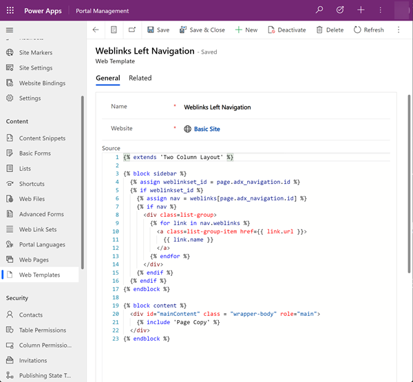 Zrzut ekranu przedstawiający niestandardowy szablon sieci Web z nawigacją i zawartością.