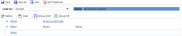 Filtr Moje kontakty programu Outlook Zrzut ekranu przedstawiający filtr Moje kontakty programu Outlook, w którym właściciel to bieżący użytkownik, a stan równa się Aktywny.