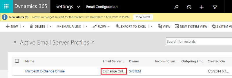 Ustawienia poczty e-mail, aktywny profil serwera poczty e-mail — Exchange Online