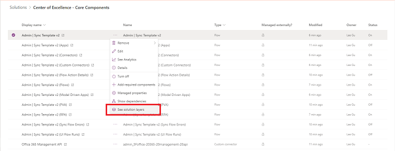 Zrzut ekranu przedstawiający miejsce wybrania opcji Zobacz warstwy rozwiązania w interfejsie użytkownika.