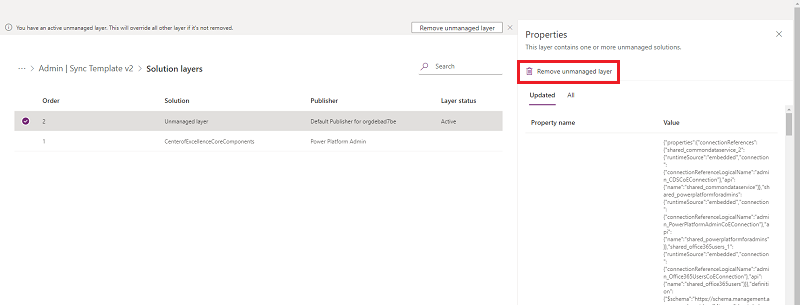 Zrzut ekranu przedstawiający akcję Usuń niezarządzaną warstwę.