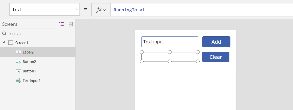 Zrzut ekranu przedstawiający właściwość Text etykiety z wartością zmiennej kontekstowej RunningTotal.