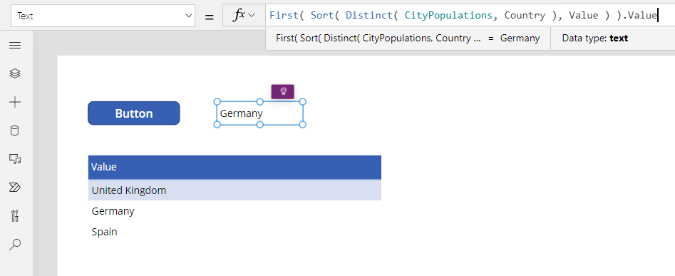 Wynik działania funkcji Distinct przedstawiający pierwszy kraj/region według nazwy.