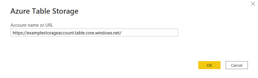 Zrzut ekranu przedstawiający okno dialogowe usługi Azure Table Storage z dodanym pełnym adresem URL magazynu.
