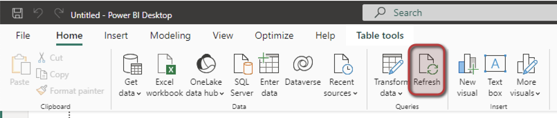  Zrzut ekranu przedstawiający lokalizację przycisku Odświeżanie na żądanie w Power BI.