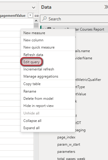  Zrzut ekranu przedstawiający miejsce, w którym opcja edytuj zapytanie znajduje się w Power BI.