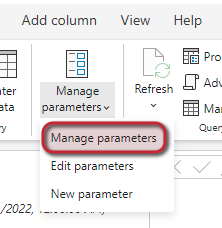  Zrzut ekranu przedstawiający lokalizację opcji zarządzania parametrami w Power BI.