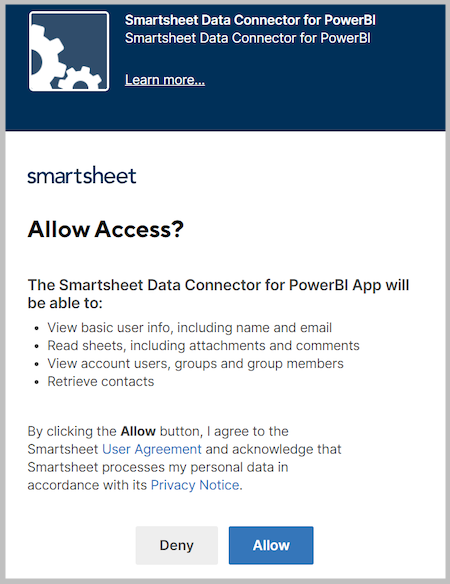 Zrzut ekranu przedstawiający okna Zezwalaj na dostęp, w którym łącznik ma uzyskiwać dostęp do usługi Smartsheet.