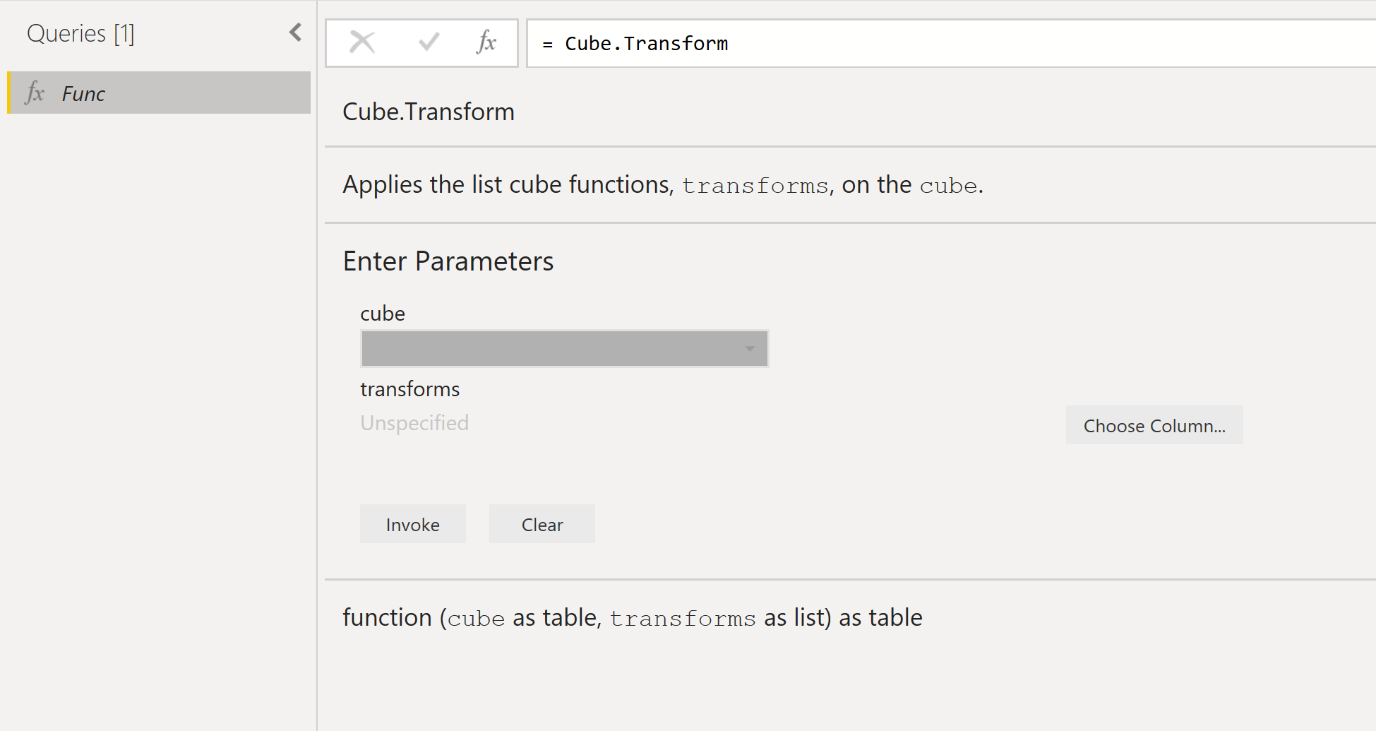 Obraz przedstawiający okno dialogowe tworzenia funkcji z informacjami o funkcji Cube.Transform.