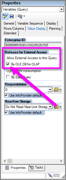 Obraz przedstawiający pole wyboru Zezwalaj na dostęp zewnętrzny do tego zapytania: według OLE DB dla OLAP.