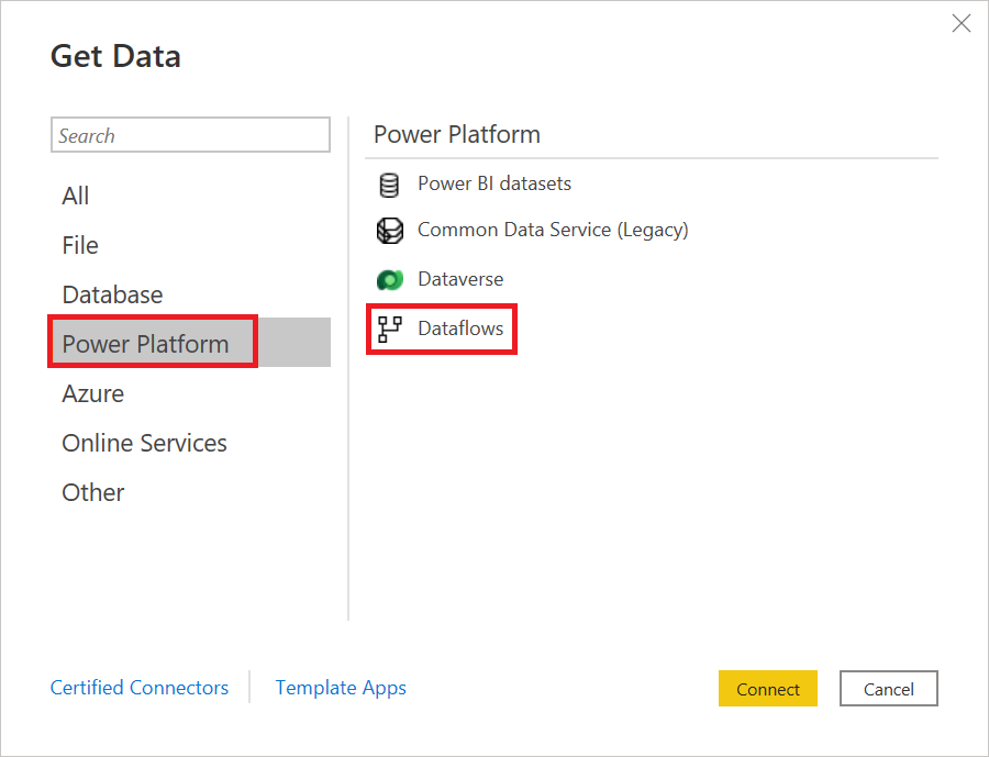 Pobieranie danych z przepływów danych w programie Power BI Desktop.