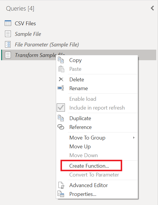 Zrzut ekranu przedstawiający opcję Utwórz funkcję używaną dla zapytania Przekształć przykładowy plik.
