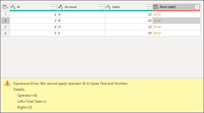 Błąd wyrażenia w okienku błędu spowodowany próbą zastosowania operatora And do tekstu i liczby z kolumny Sales.