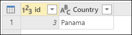Tabela Kraje z pojedynczym wierszem z identyfikatorem ustawionym na 3 i Country ustawioną na Panama.