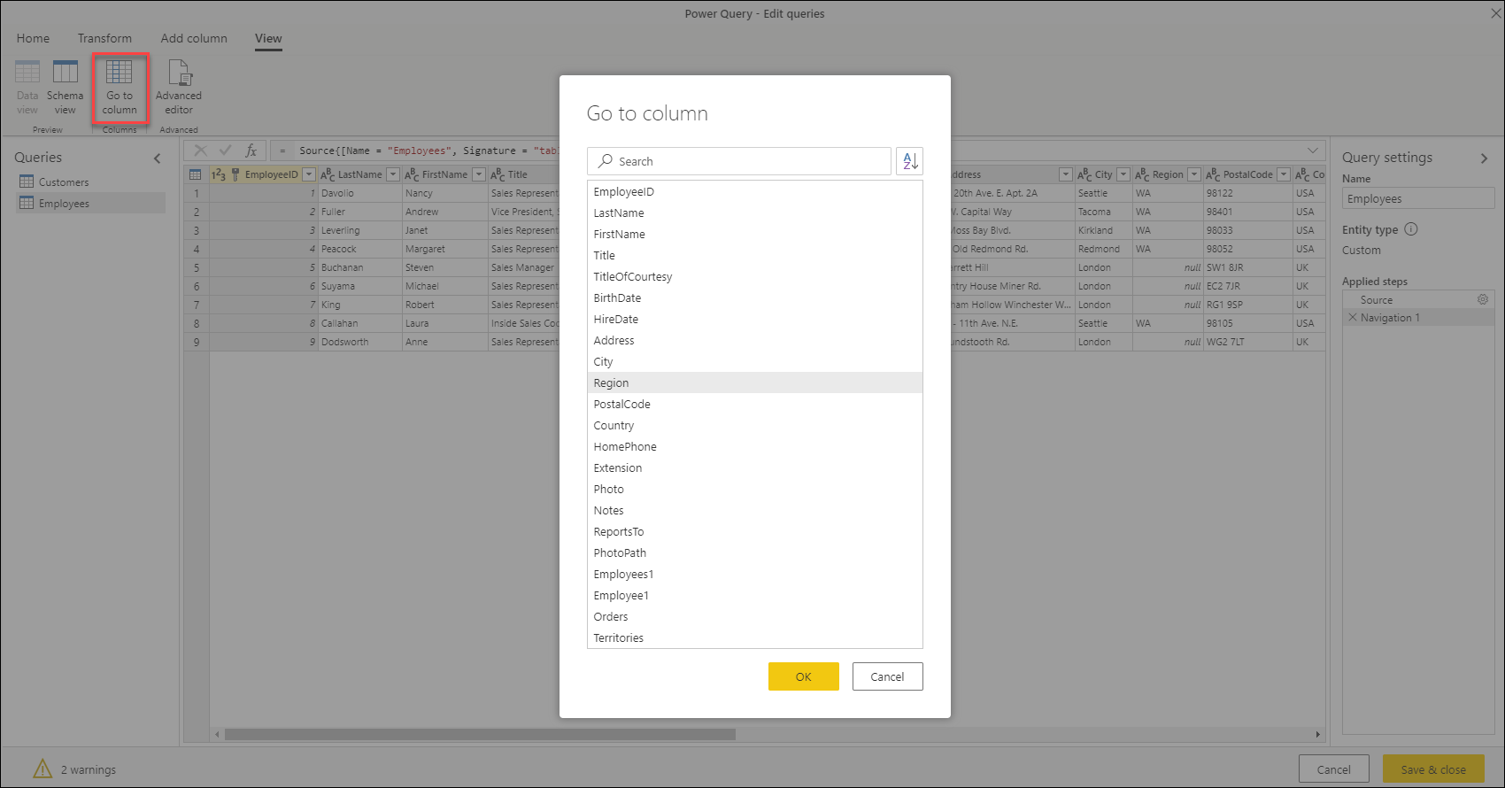 Użyj pozycji Przejście do kolumny, aby wybrać określoną kolumnę do przejścia.