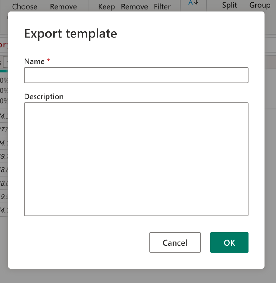 Zrzut ekranu przedstawiający okno dialogowe Eksportowanie szablonu, w którym ustawiono nazwę i opis szablonu.