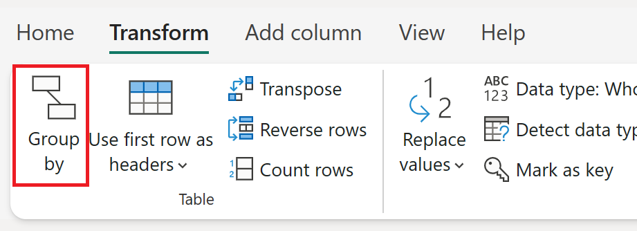 Screenshot of part of the Transform tab ribbon with Group by emphasized.