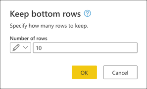 Zachowaj okno dialogowe dolnych wierszy z wartością 10 wprowadzoną jako wartość wejściową, aby zachować tylko dziesięć ostatnich wierszy tabeli.