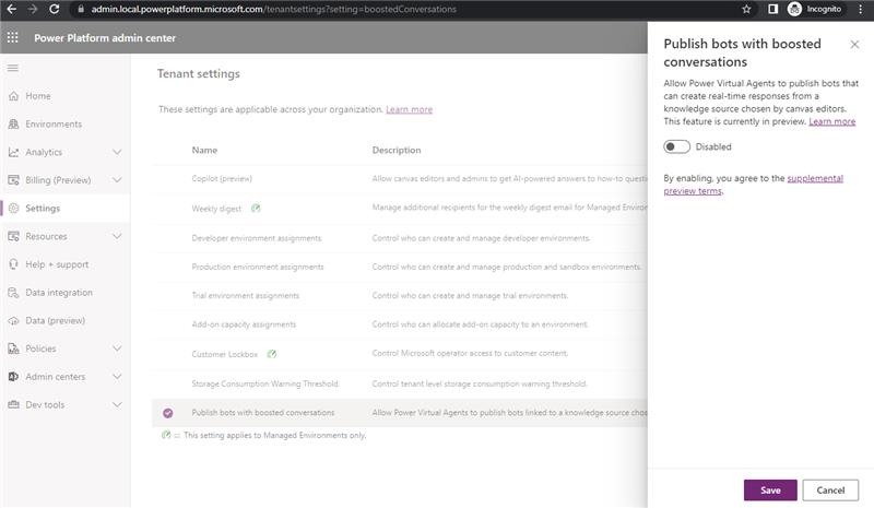 Zrzut ekranu przedstawiający opcję wyłączenia usługi Microsoft Copilot Studio.