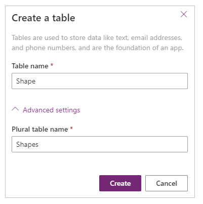 Utwórz tabelę Tworzenie tabeli.
