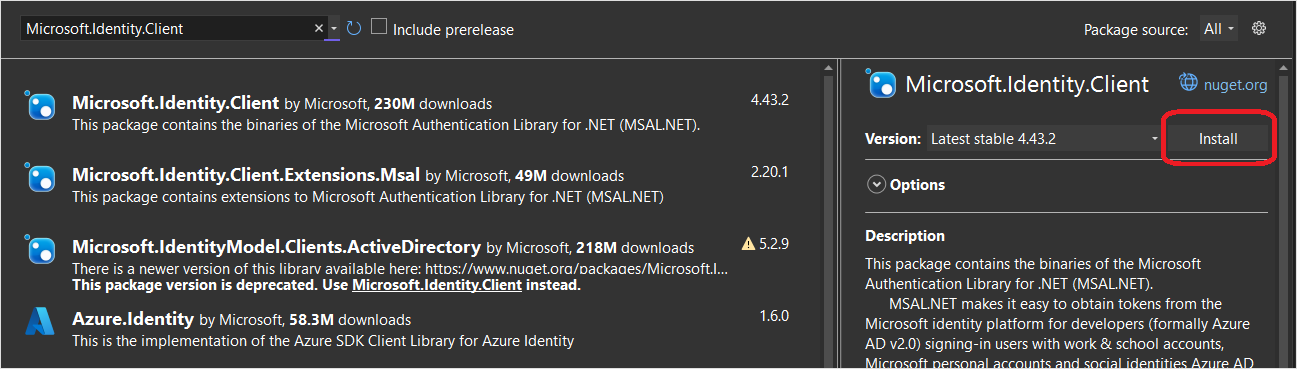 Zrzut ekranu przedstawiający wybieranie pakietu NuGet MSAL w programie Visual Studio.