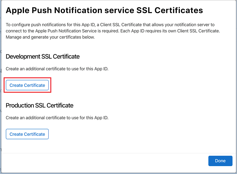 Przycisk Utwórz certyfikat dla identyfikatora aplikacji