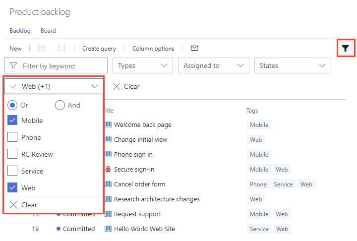 Screenshot of filtering board based on tags, TFS 2017 and 2018 versions. 