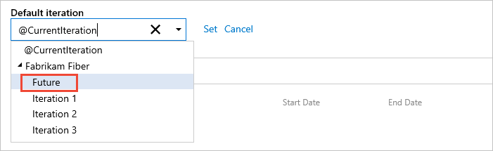 Screenshot of Work, Iterations page for team, set team default for new work items for TFS 2017 through 2018.