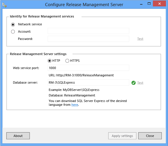 Specifying the identity and server settings