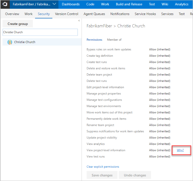 Screenshot of Select Why to trace the permissions, TFS 2018.