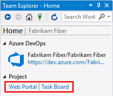 Screenshot of Team Explorer Home page for Visual Studio 2019 showing Web Portal and Task Board features highlighted.
