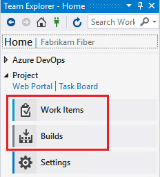 Screenshot of Team Explorer Home page for Visual Studio 2019 showing the Work Items and Builds features highlighted.