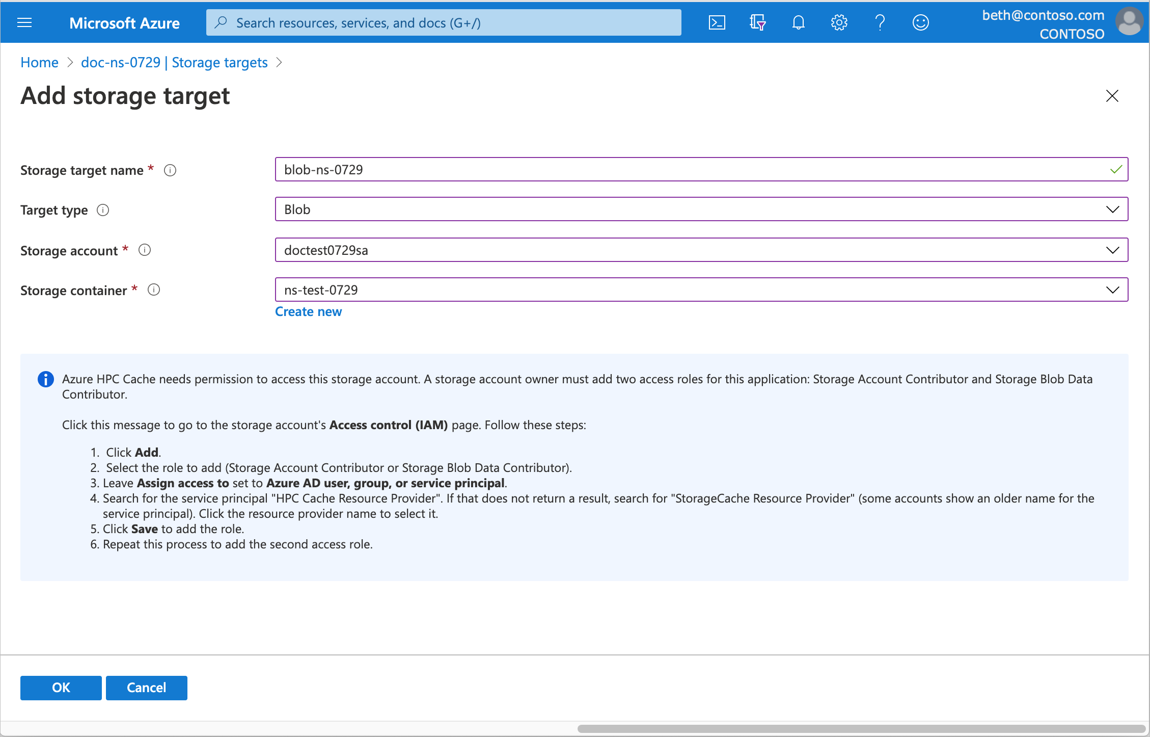 zrzut ekranu przedstawiający stronę dodawania docelowego miejsca magazynu, wypełnioną informacjami dotyczącymi nowego celu usługi Azure Blob Storage