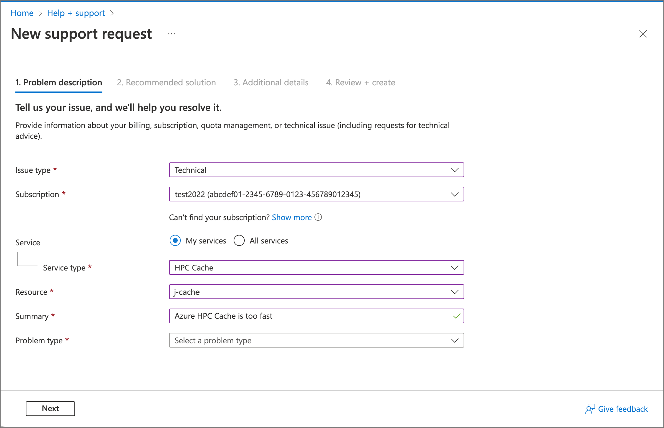 Zrzut ekranu przedstawiający kartę Wniosek o pomoc techniczną — opis problemu, wypełnioną zgodnie z opisem.