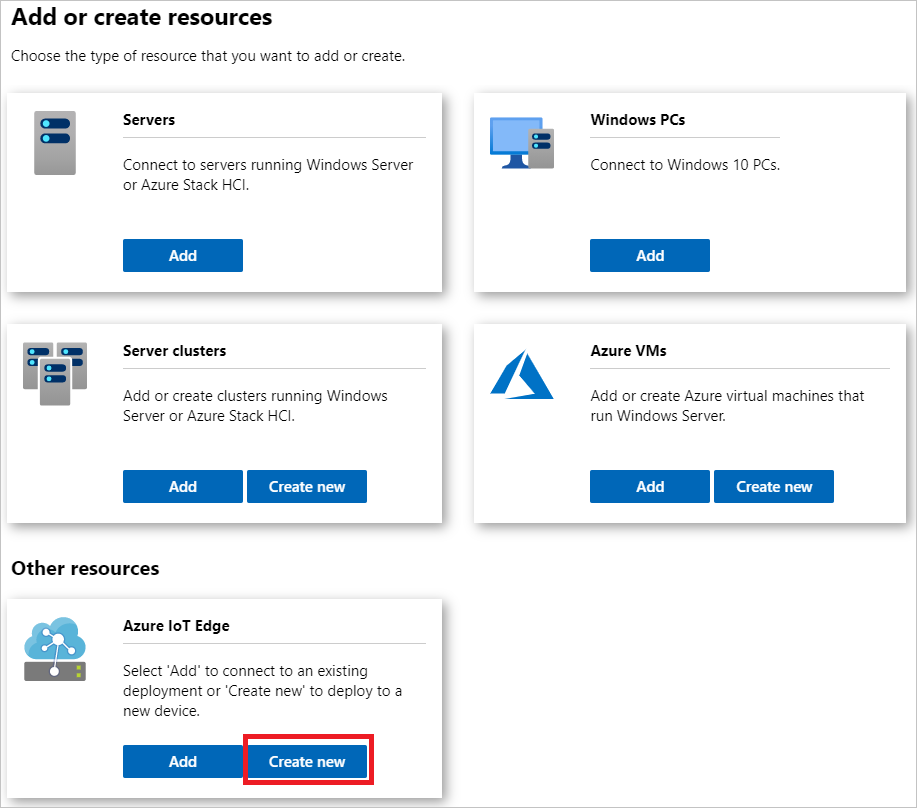 Wybierz pozycję Utwórz nowy na kafelku azure IoT Edge w Windows Admin Center PNG.