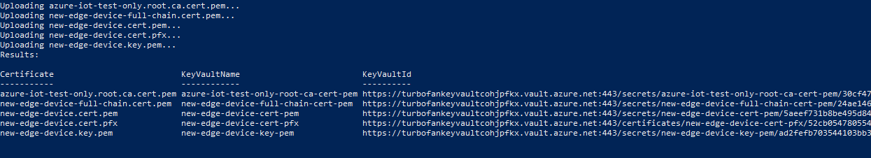 Zrzut ekranu przedstawiający dane wyjściowe skryptu usługi Key Vault.