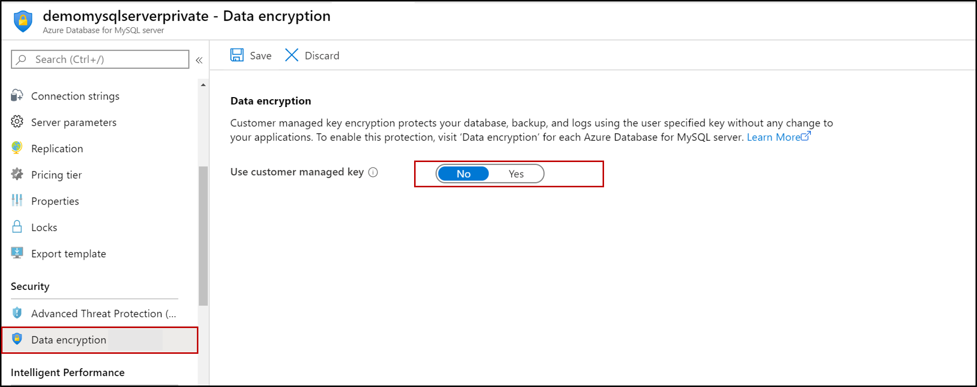 Zrzut ekranu przedstawiający usługę Azure Database for MySQL z wyróżnionym szyfrowaniem danych