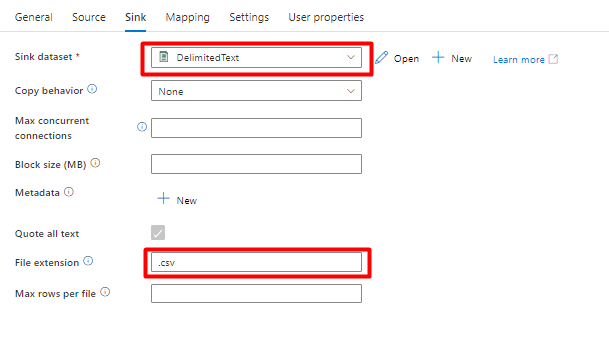 Zrzut ekranu przedstawiający sposób konfigurowania ujścia w potoku w celu przeniesienia danych do usługi Azure Storage z usługi Snowflake.