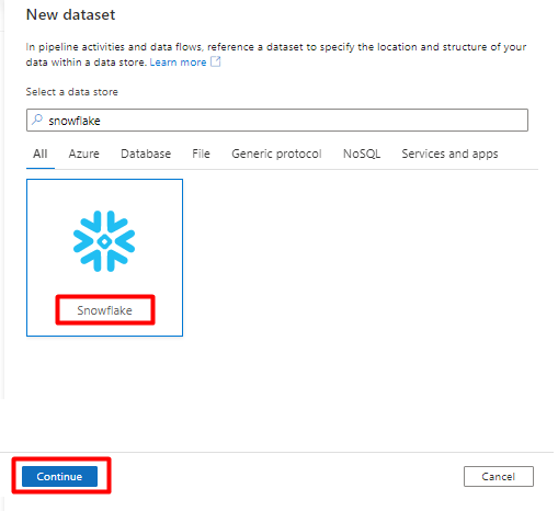 Zrzut ekranu przedstawiający sposób wybierania usługi Snowflake ze źródła danych dla zestawu danych.