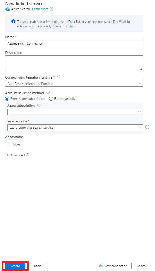 Zrzut ekranu przedstawiający sposób wybierania pozycji Nowa połączona usługa wyszukiwania w Azure Data Factory z właściwościami do zaimportowania z usługi Snowflake.